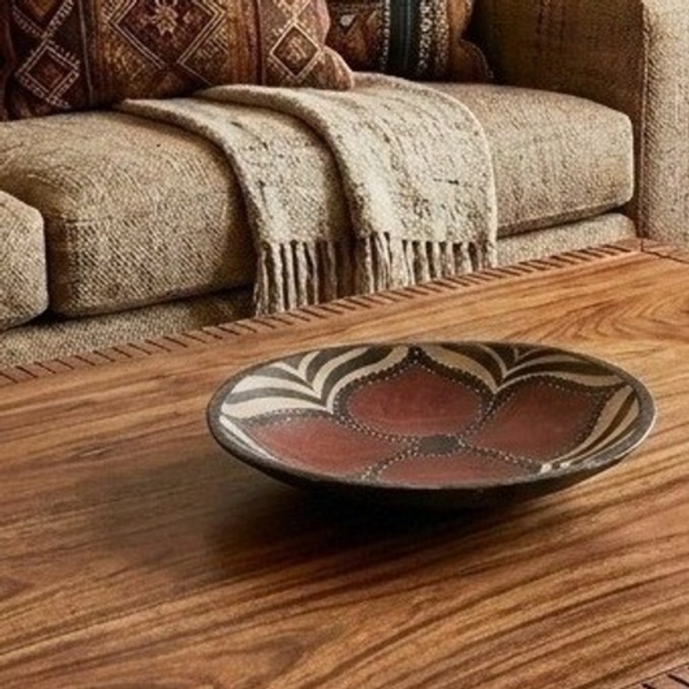 Hand Painted Wooden Decorative Bowl Floral Geometric Tribal Boho Centerpiece 8.5